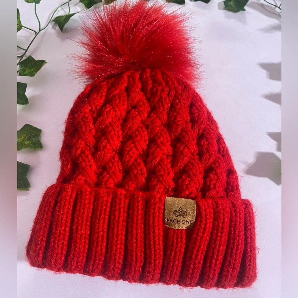 PAGE  Winter Ribbed Beanie Crossed Cap Chunky Cable Knit Pompom Soft Warm Hat - Picture 8 of 10